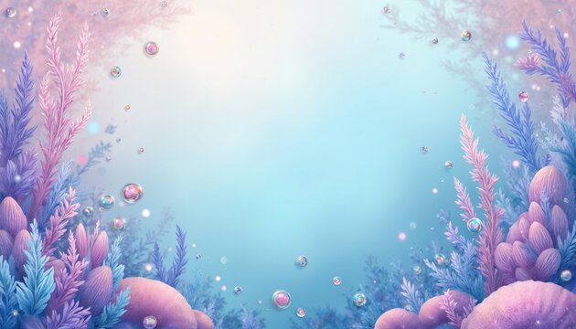 Pastel underwater scene with fantasy sea plants and iridescent bubbles. Gentle blue and pink hues create dreamy ocean floor. Seamless background for magical themes.