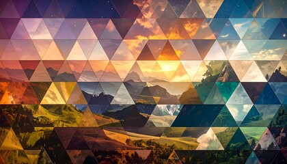 Abstract geometric mosaic of a landscape, with mountains, sky, and varied terrain