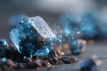 Abstract blue crystal with glowing digital data particles in a dark environment.