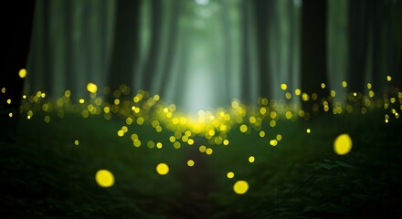 Fireflies Illuminating a Serene Forest Floor at Night with a Soft Glow