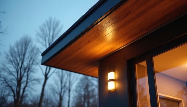Modern house exterior with wooden soffit and exterior light. Warm illumination against twilight sky and bare trees. Sleek architecture with glass door.