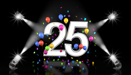 Number 25 in the spotlights with balloons in the background. Festive scene for birthday or anniversary party