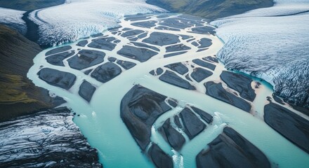Aerial view showcasing glacial river braided patterns amidst stark Icelandic landscape