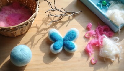 Colored wool fibers in basket and on table with felt butterfly. Light blue yarn ball and dry twig nearby. Craft supplies for needle felting projects.