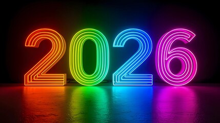 Four large, glowing neon numbers forming "2026" in vibrant orange, green, blue, and pink, reflecting off a dark, glossy floor against a black background.