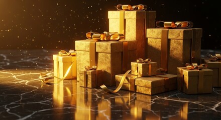 Golden gift boxes stacked on a luxurious marble surface with elegant ribbons and bows, reflecting light in a sophisticated setting