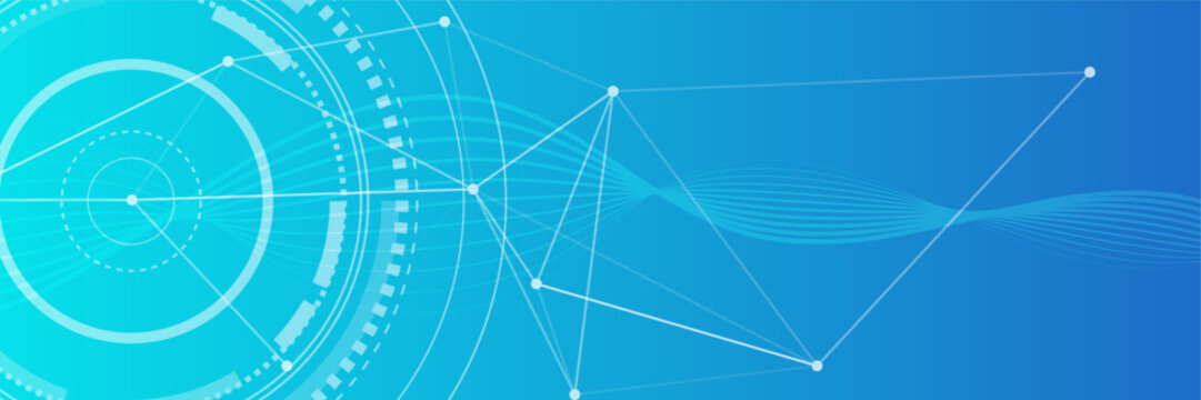 Abstract blue technological background with interconnected lines, dots, and intricate circular radar elements, symbolizing global data network and digital communication. Perfect for future tech.