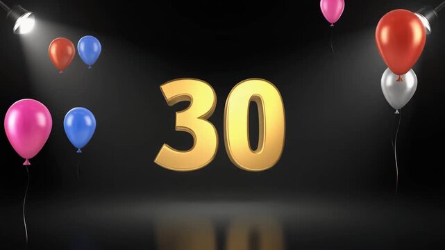 Number 30 in the spotlights with balloons in the background. Festive scene for birthday or anniversary party