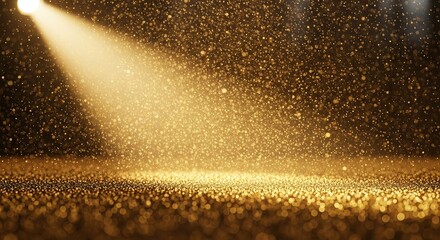 A beam of light illuminates falling particles on a dark surface