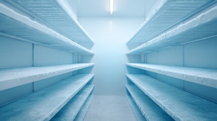 an interior view of a refrigerated storage facility. this is evident from the chilled environment indicated by blue hues on the walls and the structure's construction resembling a walk in freezer
