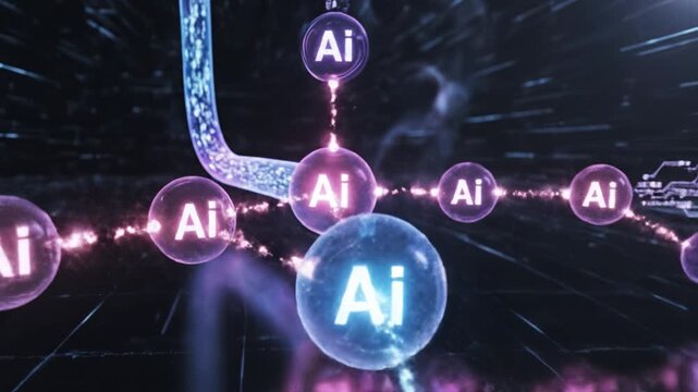 Ai network node sphere neural connection data stream glowing orb digital circuit purple light blue light futuristic design futuristic data pipeline with glowing fiber optic tunnel leading to digital