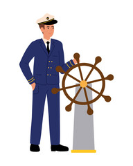 Captain. Man in blue captains uniform holding ships wheel. Flat vector illustration from Professions collection