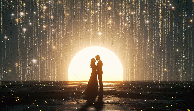 Romantic couple silhouette with fireflies and sunset backdrop
