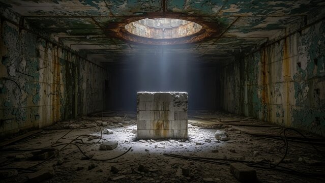 Abandoned room with concrete pillar and debris