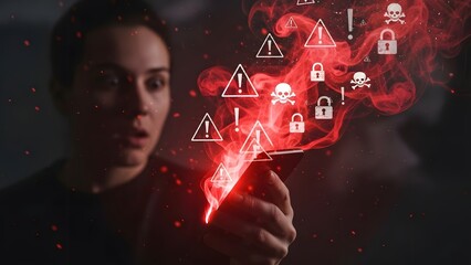 Man interacting with glowing red security icons and warning symbols floating in the air