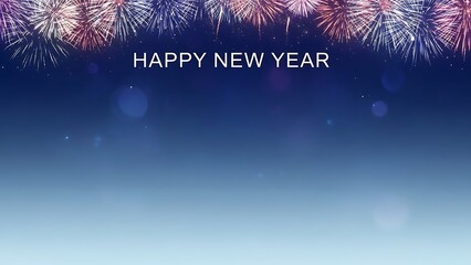 Vibrant fireworks exploding in night sky with Happy New Year text