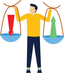 Balance between expenditure and income, balance between falling arrows and rising arrows with scales,


