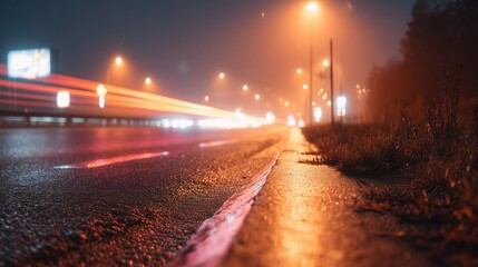 Obraz premium Traffic lights blur on wet street during night time