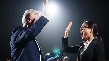 Business partners achieve a shared success, celebrating a milestone with an enthusiastic high five, symbolizing teamwork, collaboration, and mutual accomplishment
