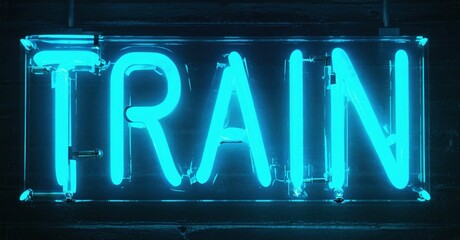Obraz premium Bright neon sign spells TRAIN. Dark background emphasizes glowing blue light. Simple, bold typography creates striking visual impact.