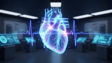 Holographic glowing human heart visualization with vibrant blue electrocardiogram pulse monitoring in a futuristic medical laboratory setting