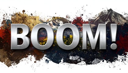 Metallic "BOOM!" text exploding with abstract paint splotches and mountain scenery backdrop