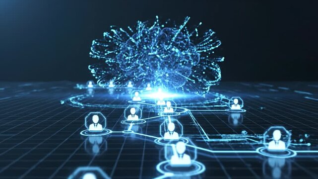 Neon blue digital brain glowing above networked user icons dark grid futuristic artificial intelligence visualization conveying connectivity and data flow technology concept scene neural network
