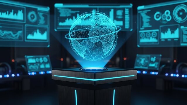 Futuristic global network on digital display in high-tech control room - Powered by Adobe