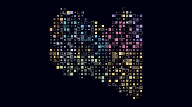 Libya animated country shape. Pulsating colored dots on the map of the country. Large size square blocks. Digital style Libya map on dark background. Classy animation video.