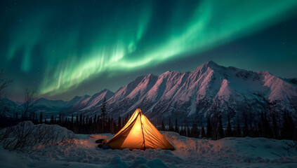 A glowing tent under the vibrant northern lights and snowy mountains