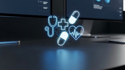 Holographic medical icons representing digital health technology and pharmaceutical data floating above a dark modern computer desk with blurred monitors in the background