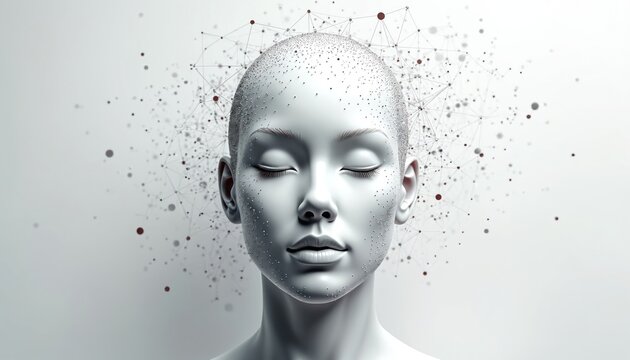 White human head bust with abstract particle network surrounding it. Concept of digital brain, artificial intelligence and cybernetic connection. Clean background.
