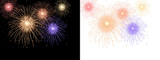 Golden glowing PNG fireworks burst across a deep black sky, sparkling trails and glowing orbs, New year, wedding, holiday celebration atmosphere with warm light and dynamic motion.