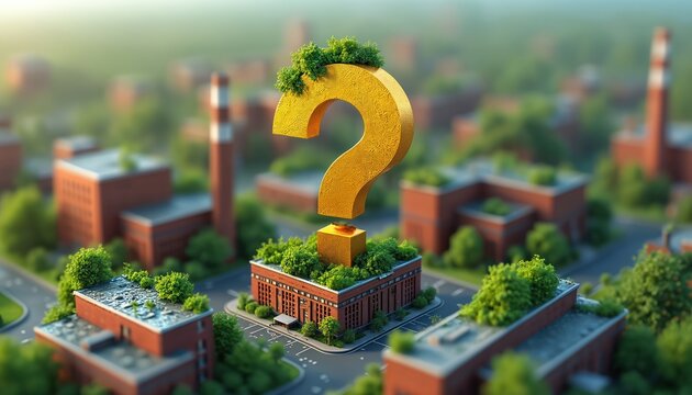 Giant golden question mark looms over small brick factories in green city. Industry challenges, urban sustainability questions arise. Future of manufacturing unclear. Growth, development unknown. Eco
