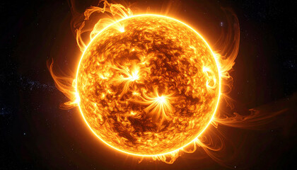 Fototapeta premium 灼熱のプラズマが脈動するSF太陽コアの圧倒的エネルギー背景 – High-Energy Sci-Fi Sun Core with Intense Plasma Glow