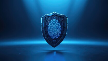 Digital security shield with fingerprint design in blue light setting Generative AI