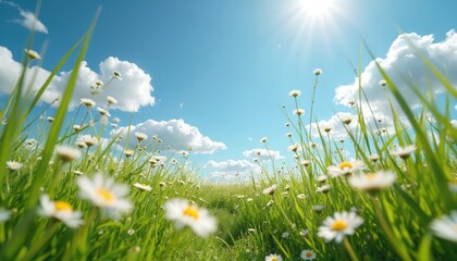 Bright sun shines on field of white daisies and green grass under blue sky. Clouds drift over meadow with wildflowers in bloom. Nature scene, summer day, peaceful landscape.