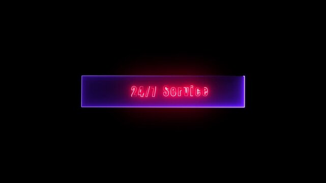 A professional neon glowing illustration featuring twenty-four-seven service text in bright blue light within a green neon frame on dark background.
