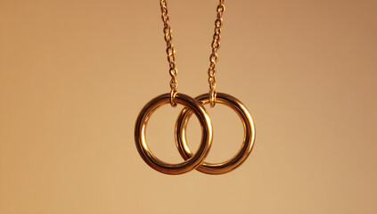Golden chain with two interlocked rings hanging against a warm background
