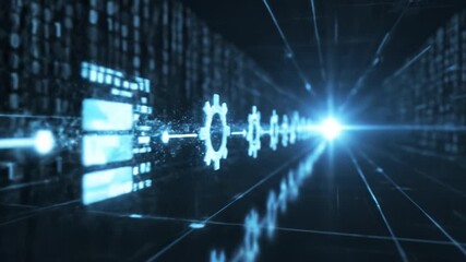 Futuristic data pipeline gear glowing binary wall blue network tunnel digital workflow automation glowing gear icons binary code glossy surface efficient process visualization and server room - Powered by Adobe