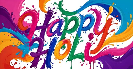 Vibrant rainbow-colored liquid streams swirl together to form festive greeting text against white.
