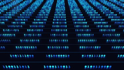 Binary code in a row, data processing, bit and byte, big data, datacenter, encryption. Computer, software, network server, data, blockchain, technology, machine learning, deep learning. 3D animation - Powered by Adobe