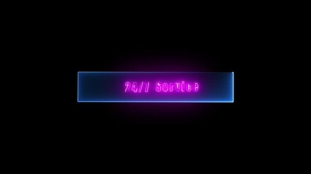 A professional neon glowing illustration featuring twenty-four-seven service text in bright blue light within a green neon frame on dark background.
