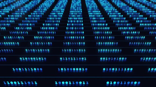 Binary code in a row, data processing, bit and byte, big data, datacenter, encryption. Computer, software, network server, data, blockchain, technology, machine learning, deep learning. 3D animation