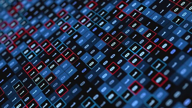 Abstract red and blue cubes, binary code, bit, byte, machine learning, AI, artificial intelligence. Big data, science, code, encryption, one and zero. 3D animation