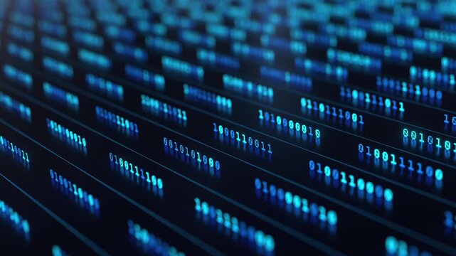 Data processing, binary code in a row, bit and byte, datacenter, machine learning. Computer, software, network server, data, blockchain, technology, encryption, deep learning. 3D animation
