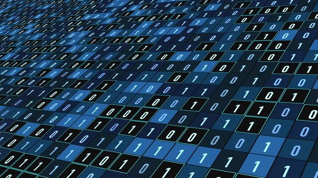 Close up abstract blue cubes with binary code, bit, byte, encryption, big data. Machine learning, artificial intelligence, science, code, deep learning. 3D animation