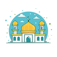 Fototapeta premium Cute Mosque Illustration with Crescent Moon in a Circular Frame for Islamic Holiday or Celebration