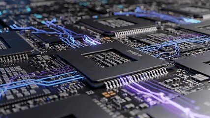 A highly detailed closeup view of a futuristic computer circuit board with glowing blue and purple data lines illustrating advanced digital information flow and processing representing artificial int. - Powered by Adobe