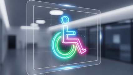 Holographic neon accessibility symbol glows brightly within a transparent digital interface projected over a modern blurred office hallway environment symbolizing inclusion